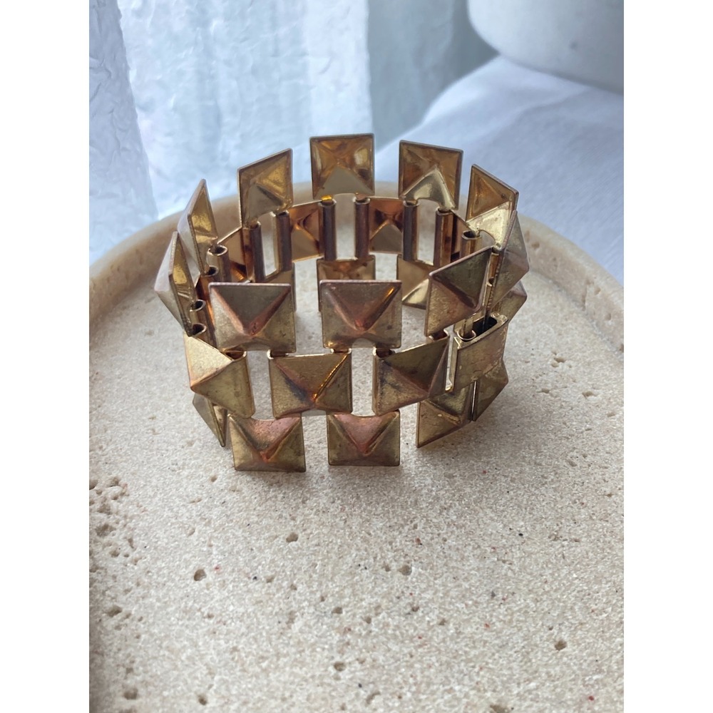 Tarnished Brass Tone Bracelet Pyramid‎ Stud Wide Cuff Statement Brutalist Modern